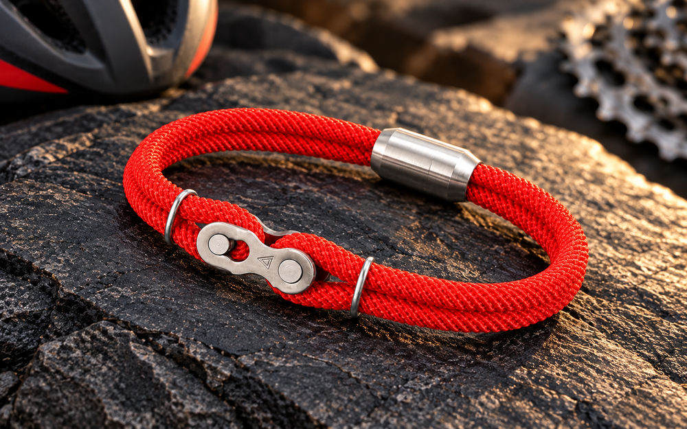 Full red Split Link Bracelet on dark slate, showing the bicycle quick link, retaining rings and magnetic barrel clasp