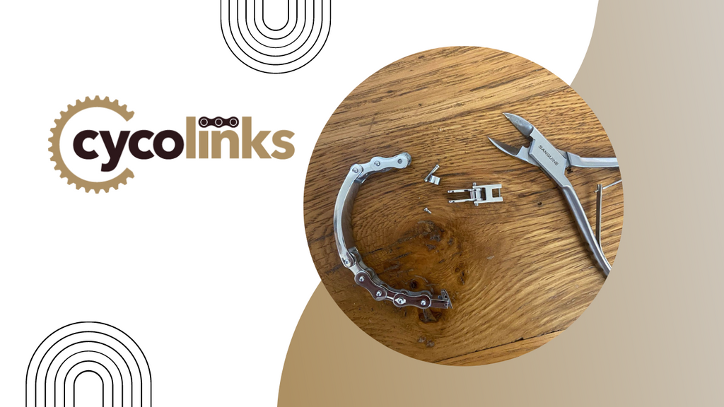 Step-by-step guide showing how to remove links from a Cycolinks bike chain bracelet using needle-nose pliers and proper technique