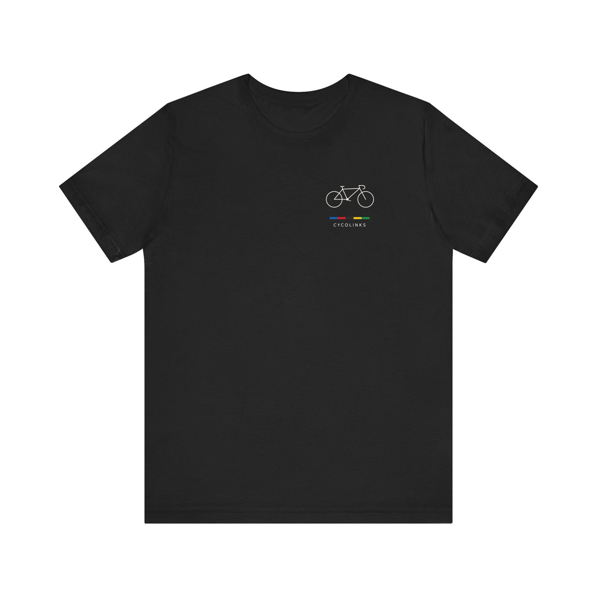 Five Colour Signature cycling T-shirt with a small left-chest bicycle and multicolour accent - Black front view