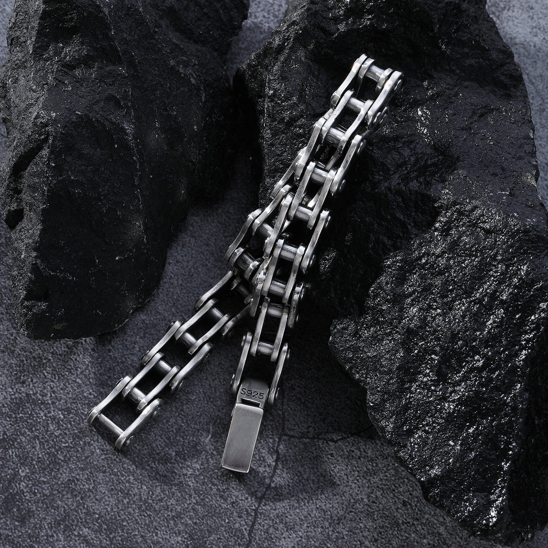 Sterling Silver Bike Chain Bracelet Side View - Hidden Safety Clasp