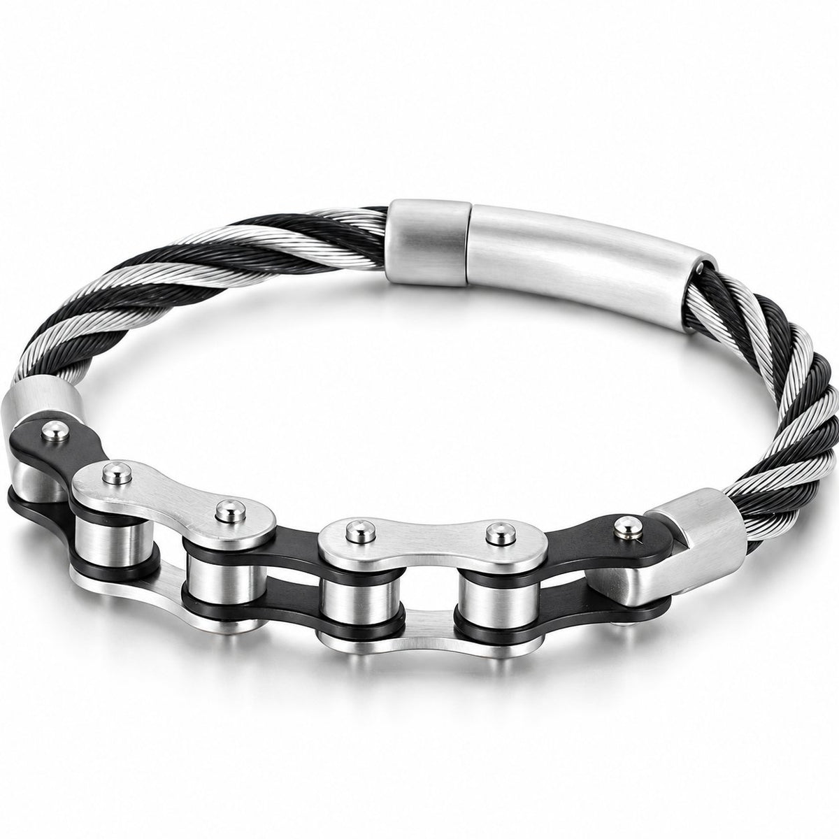 Black Silver braided wire bike chain bracelet on a white background