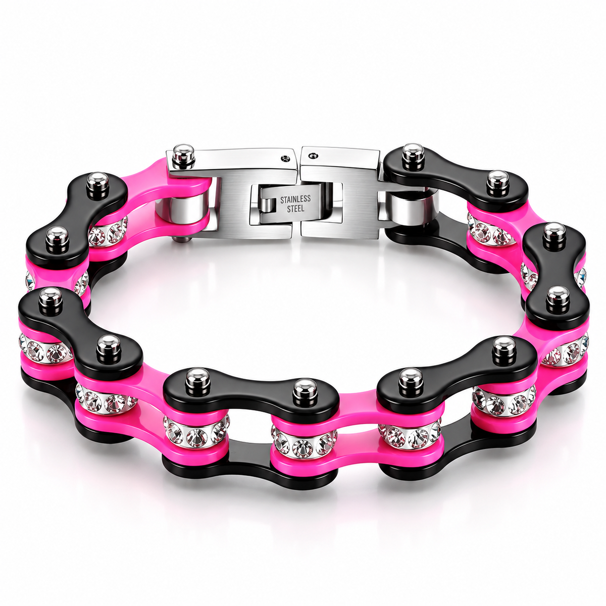 Pink & Black Crystal Bike Chain Bracelet – 10mm