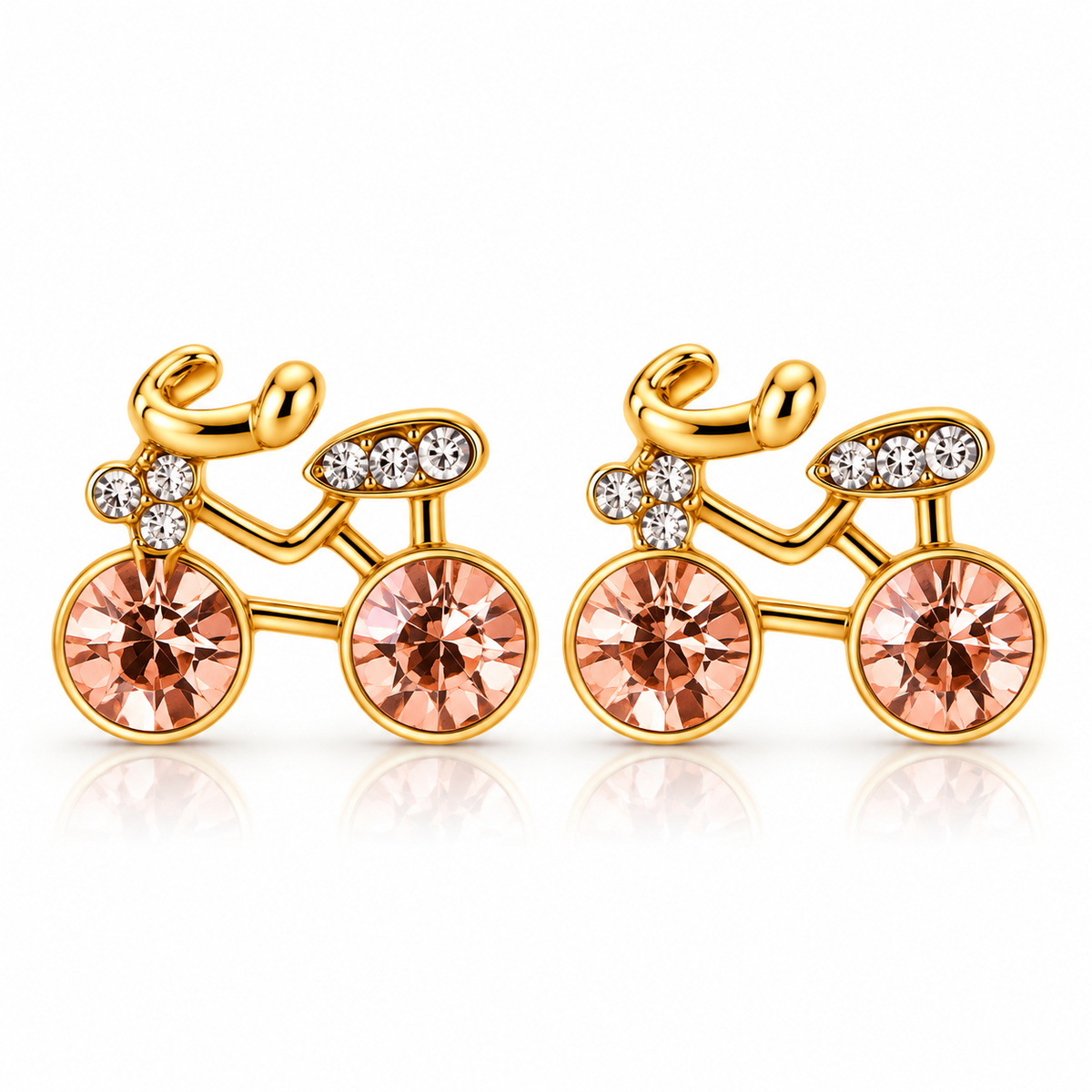 Gold-colour bicycle stud earrings with champagne CZ wheels