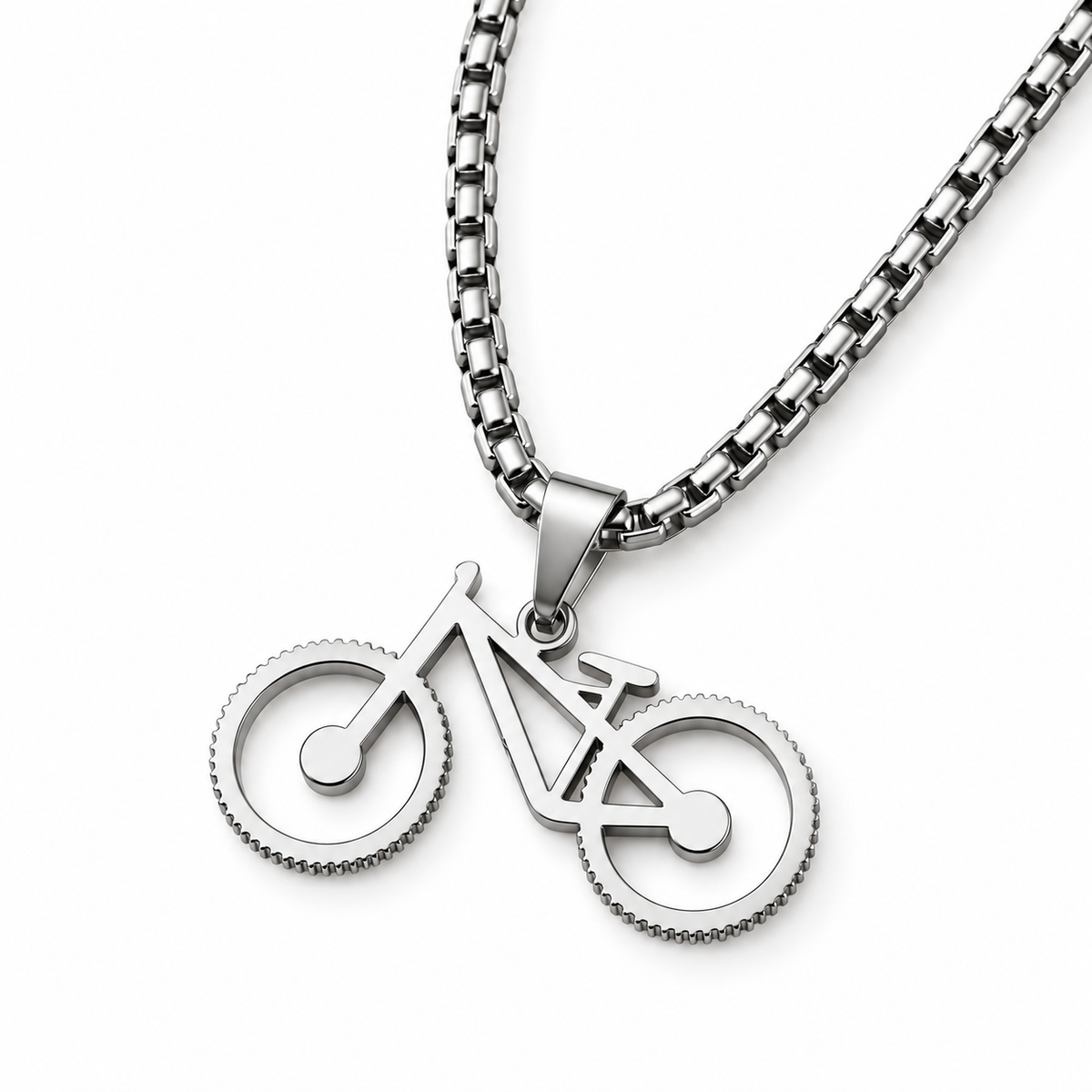 Mountain bike pendant necklace in silver-colour finish