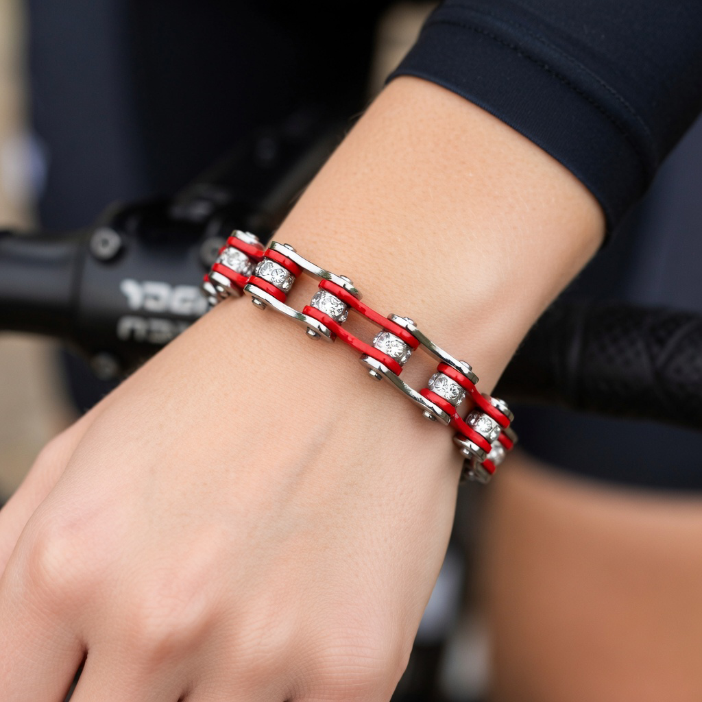 Cycolinks Red Silver Crystal 10mm bike chain bracelet lifestyle image