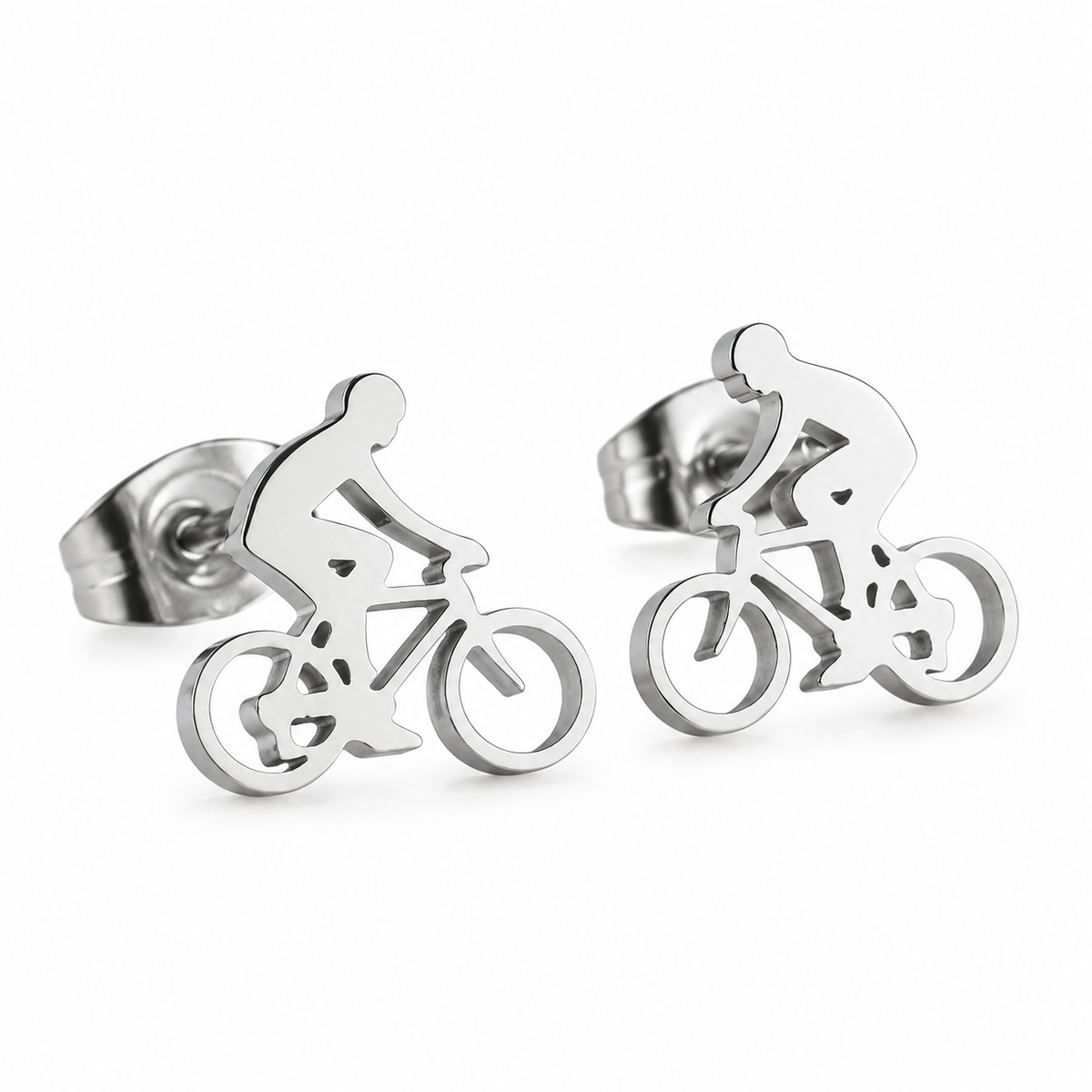 Silver-colour cyclist-on-bicycle stud earrings