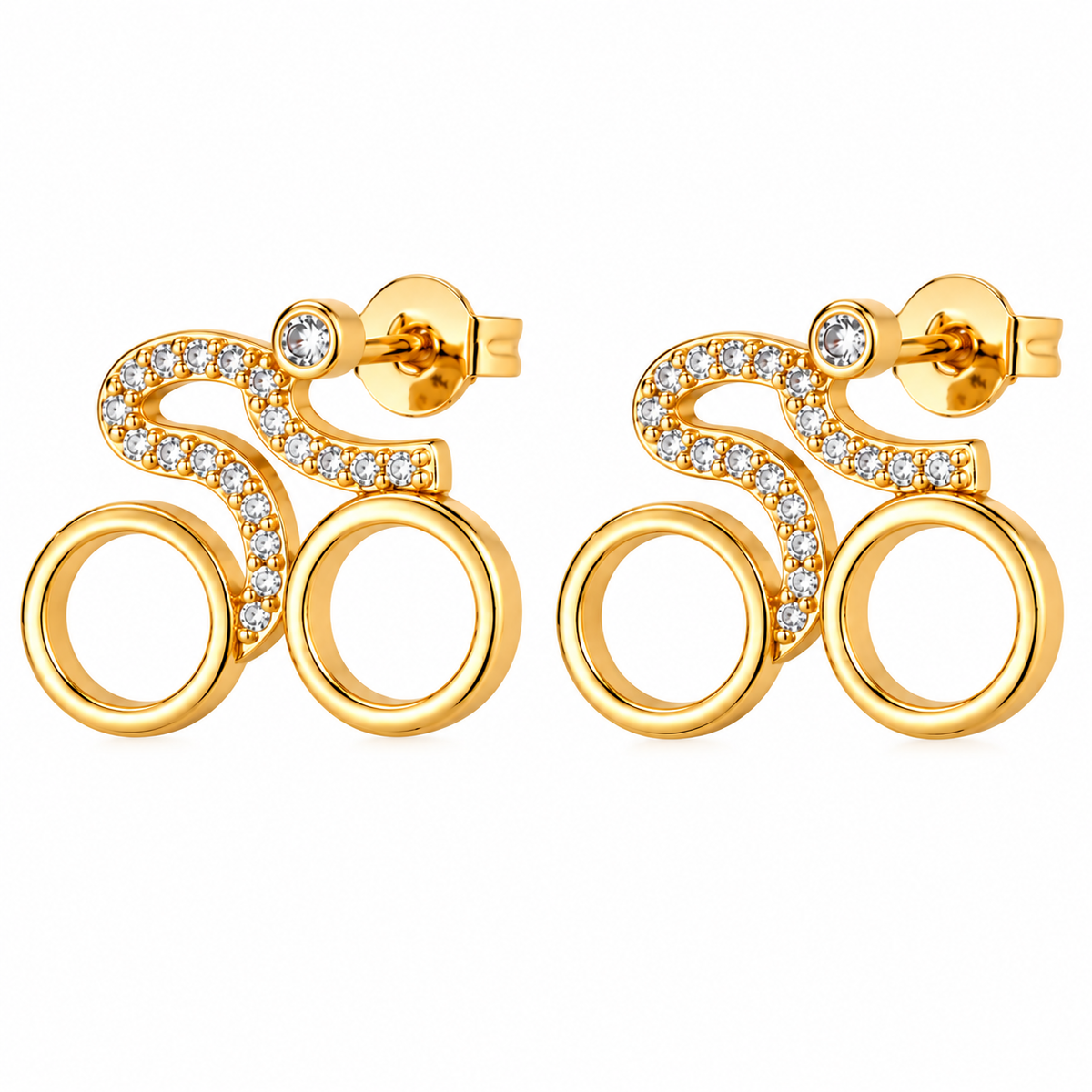 Gold-colour Velorosa bicycle stud earrings with sparkling stones