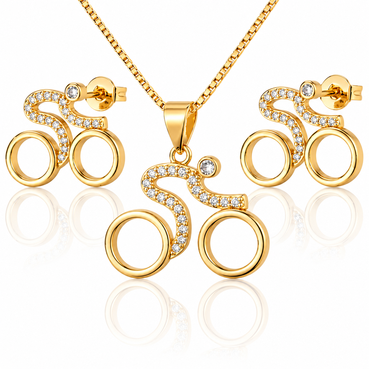 Gold-colour Velorosa bicycle necklace and stud earring set