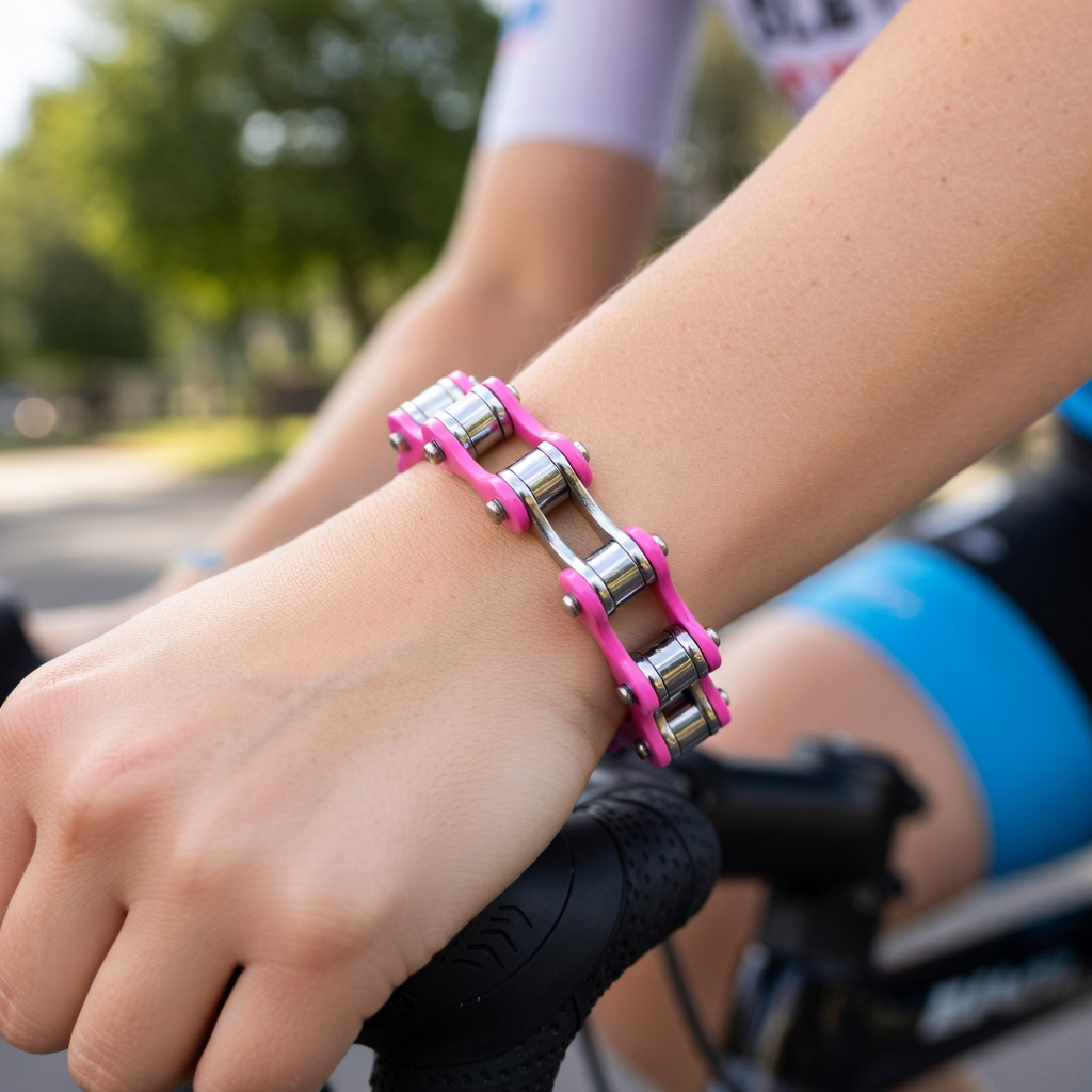 Cycolinks Baby Pink 10mm bike chain bracelet lifestyle image
