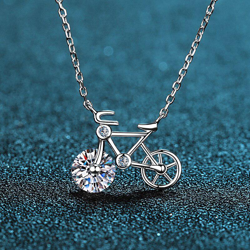 Cycolinks 925 Sterling Silver Mosanite/Zircon Cute Bicycle Pendant Necklace - Cycolinks