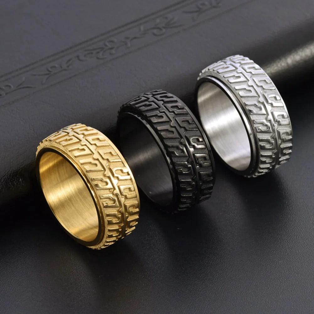 Cycolinks Bike Tire Tread Spinner Ring in silver, black, and gold