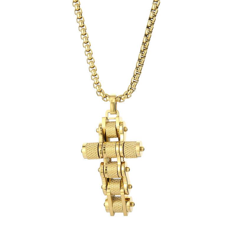 Steel Bike Chain Cross Necklace in Gold colour