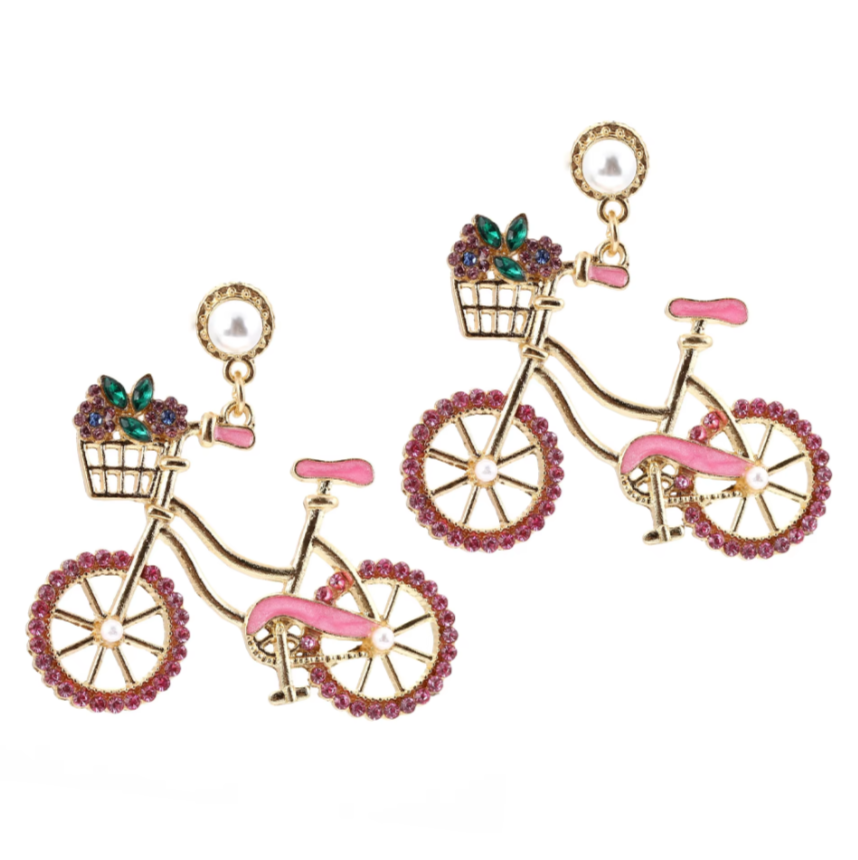 Crystal Bicycle Drop Earrings in Pink colour