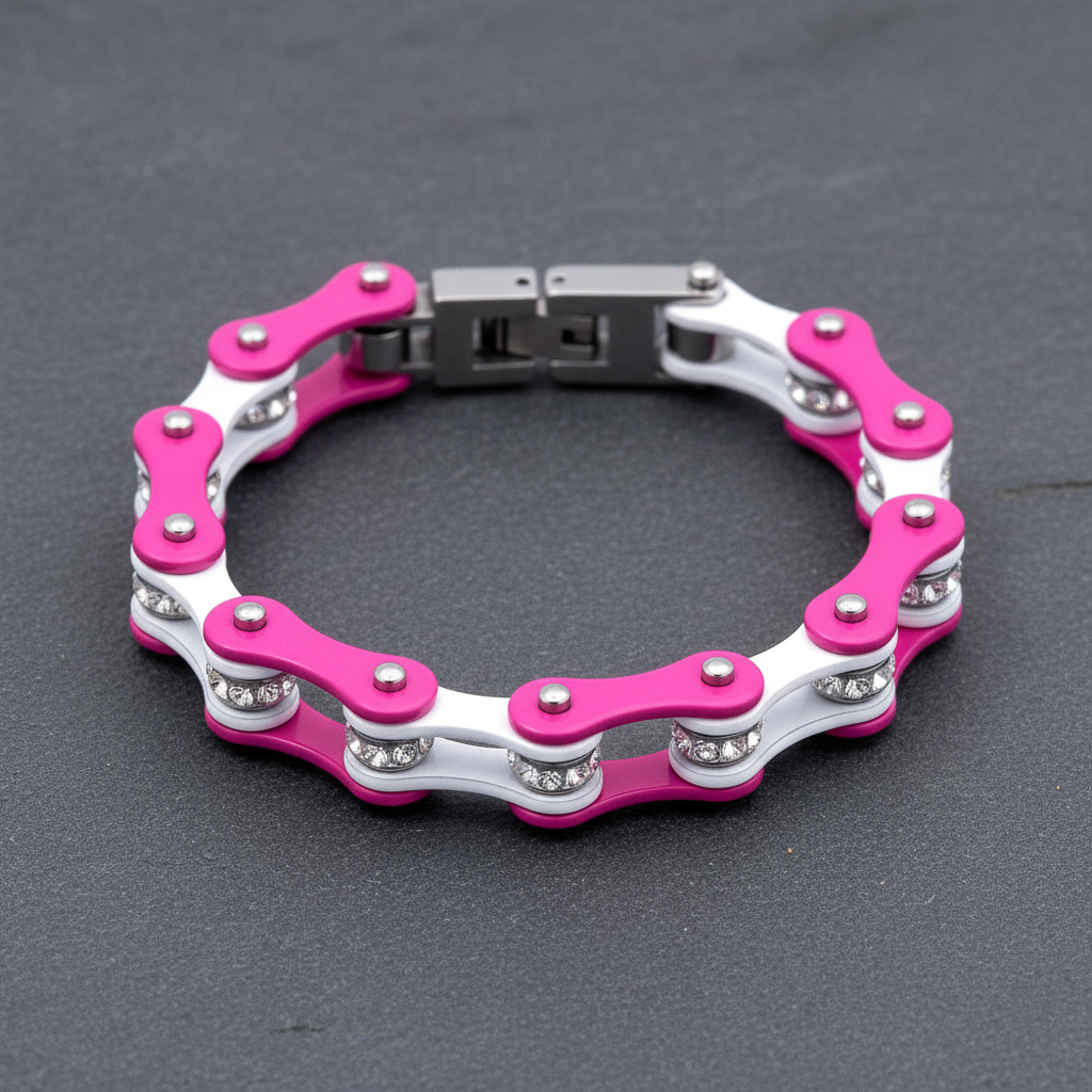 Cycolinks Baby Pink 10mm bike chain bracelet with crystal centres lifestyle image