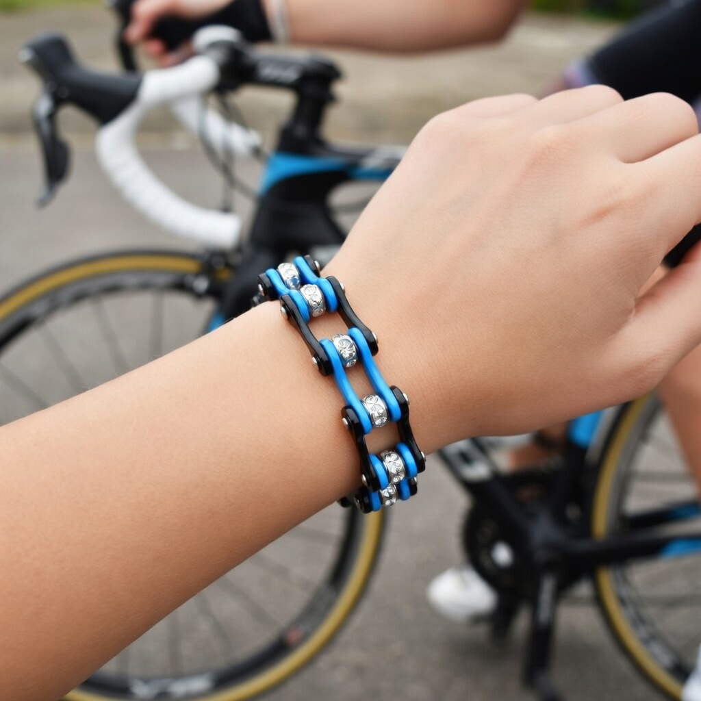 Cycolinks Blue Black Crystal 10mm bike chain bracelet lifestyle image