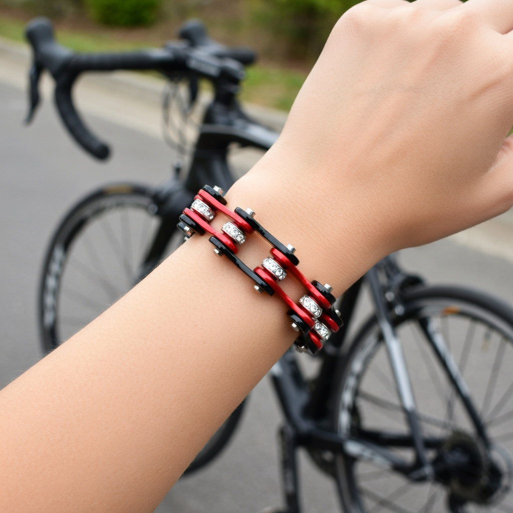 Cycolinks Red Black Crystal 10mm bike chain bracelet lifestyle image