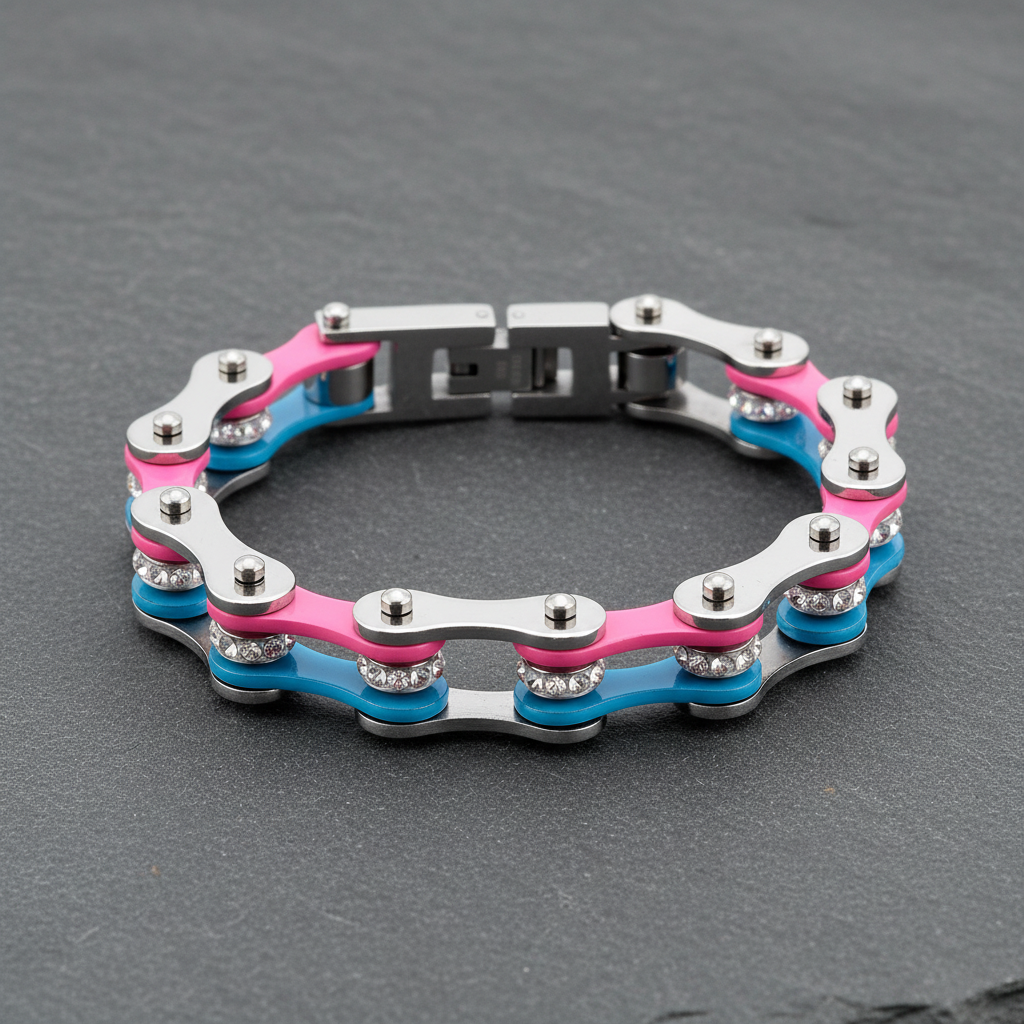 Cycolinks Silver Pink Blue Crystal 10mm bike chain bracelet lifestyle image