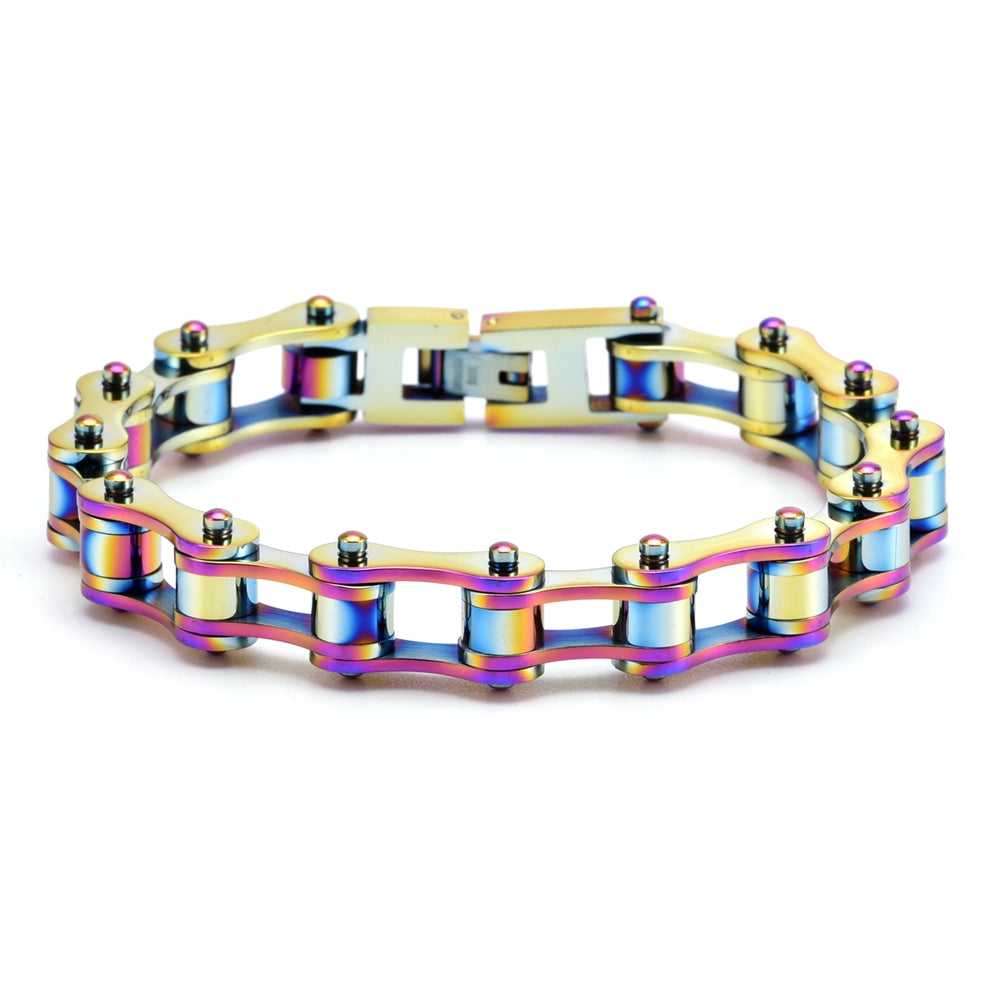 Multicolored bike chain bracelet on a white background
