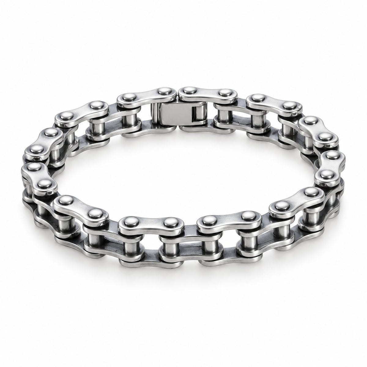 Classic Silver-Plated Bike Chain Bracelet – 10mm, enhanced complete bracelet studio photograph on a white background