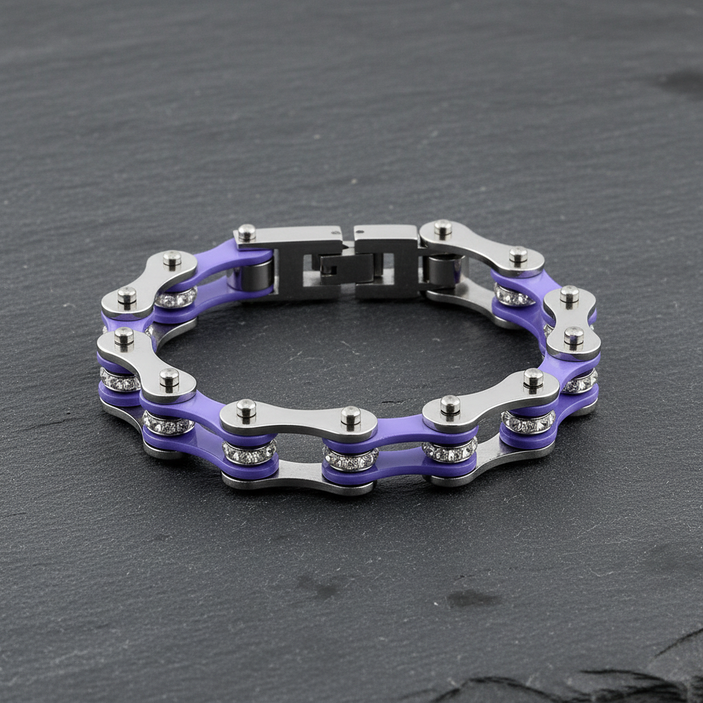 Cycolinks Violet Crystal 10mm bike chain bracelet lifestyle image