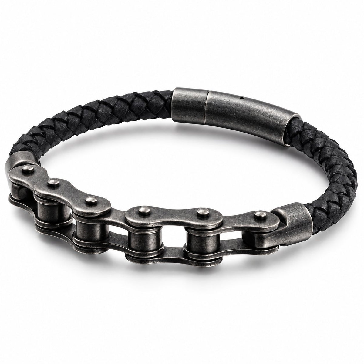 vintage Leather Bike Chain Bracelet with black braided leather on a white background