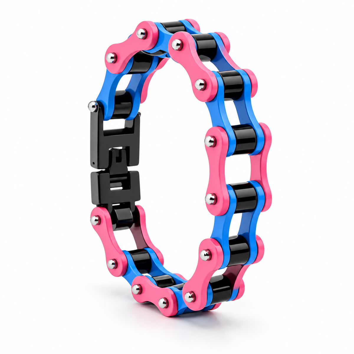 Bubblegum Pink & Blue Silver Stripe Bike Chain Bracelet – 10mm — enhanced studio product view