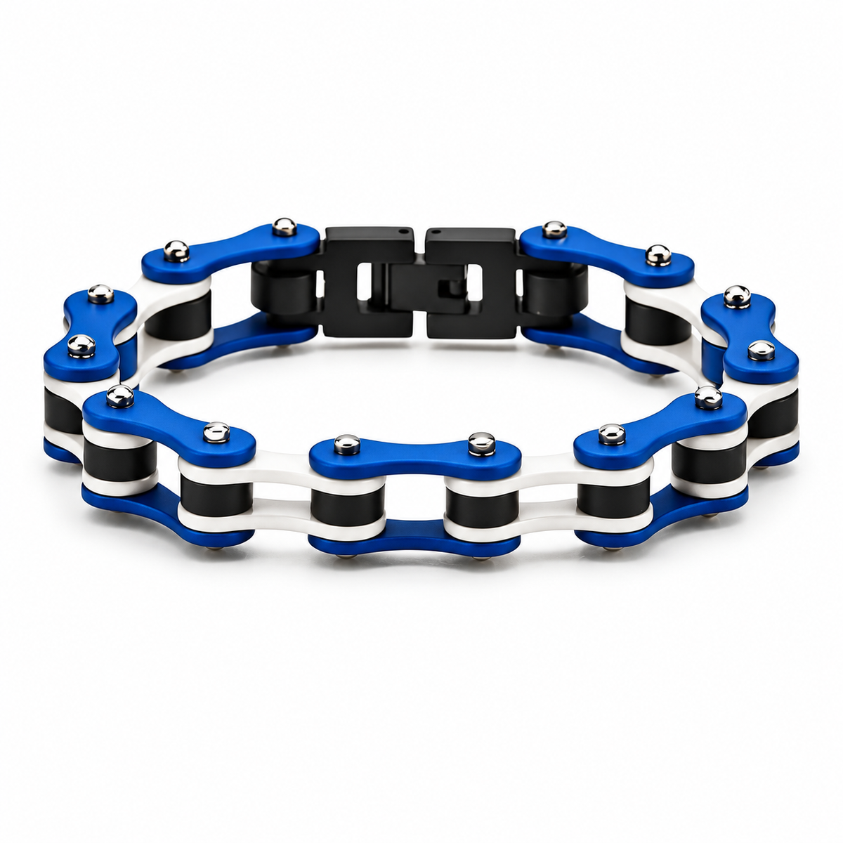 Ice Blue & Black Silver Stripe Bike Chain Bracelet – 10mm — enhanced studio product view