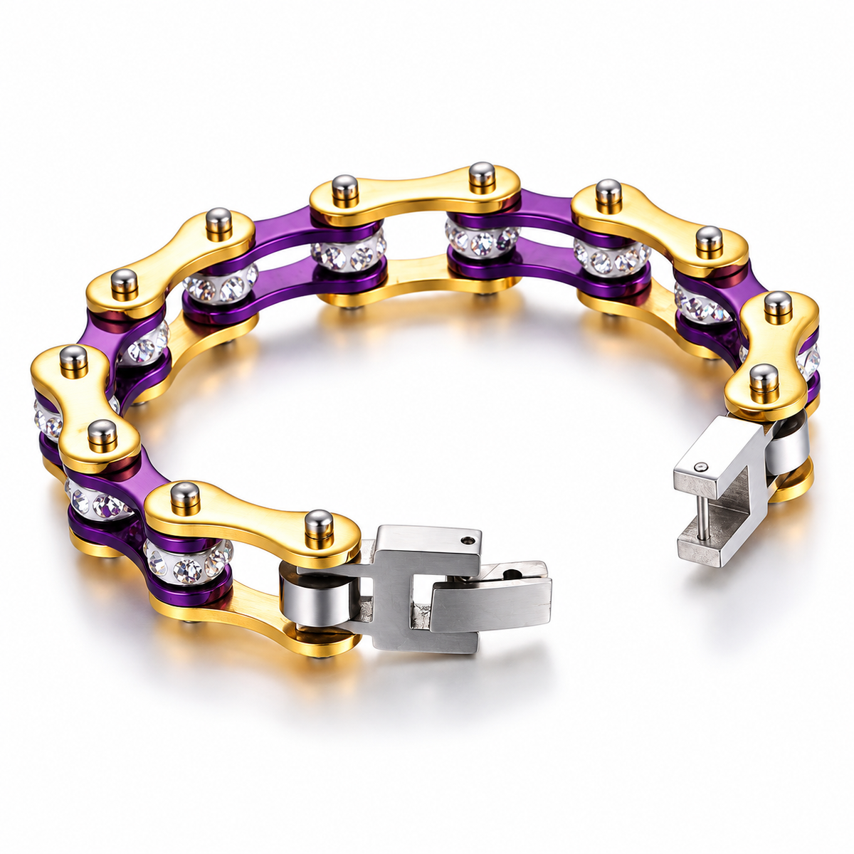 Purple & Gold Crystal Bike Chain Bracelet – 10mm — enhanced studio product view