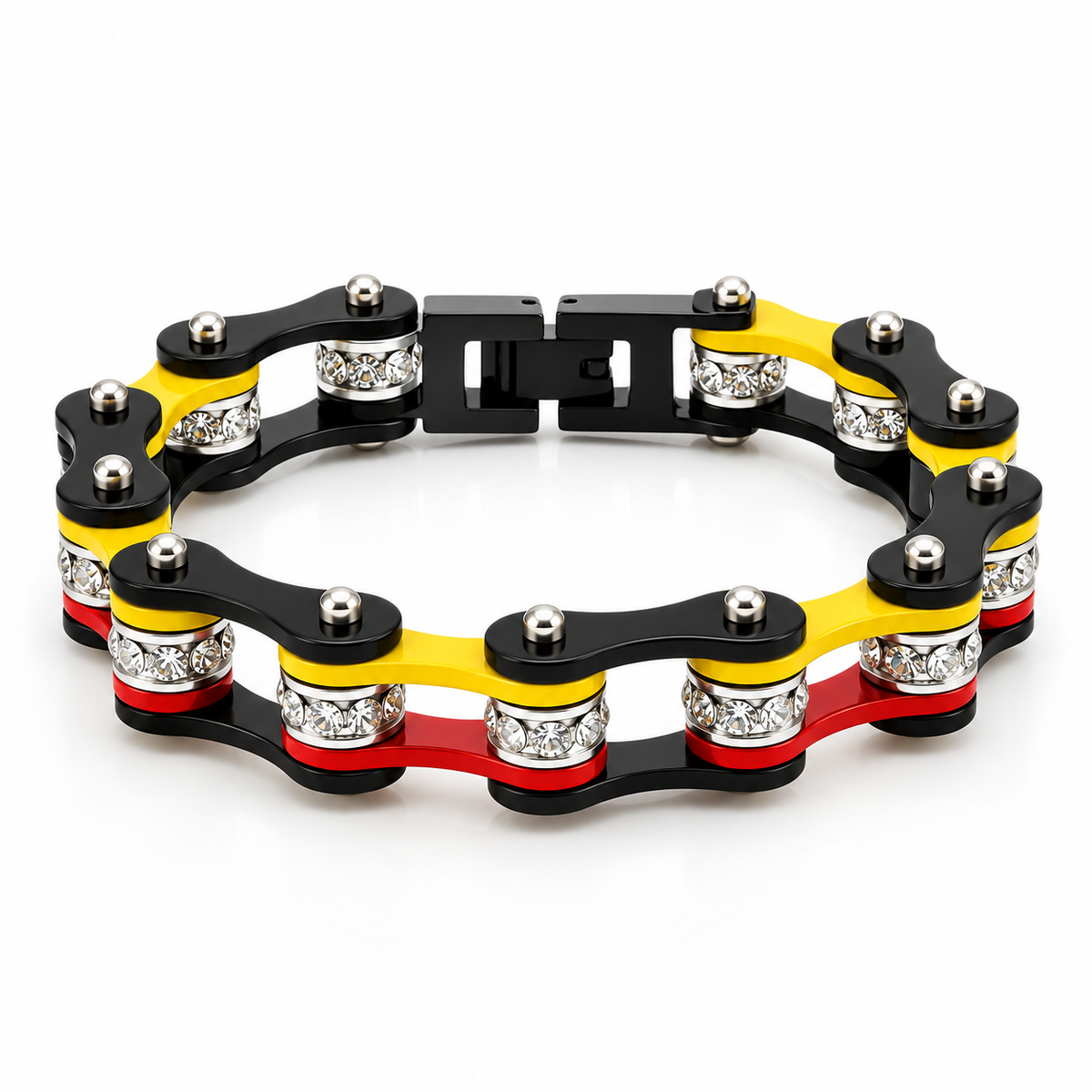 Black, Yellow & Red Crystal Bike Chain Bracelet – 10mm — enhanced studio product view
