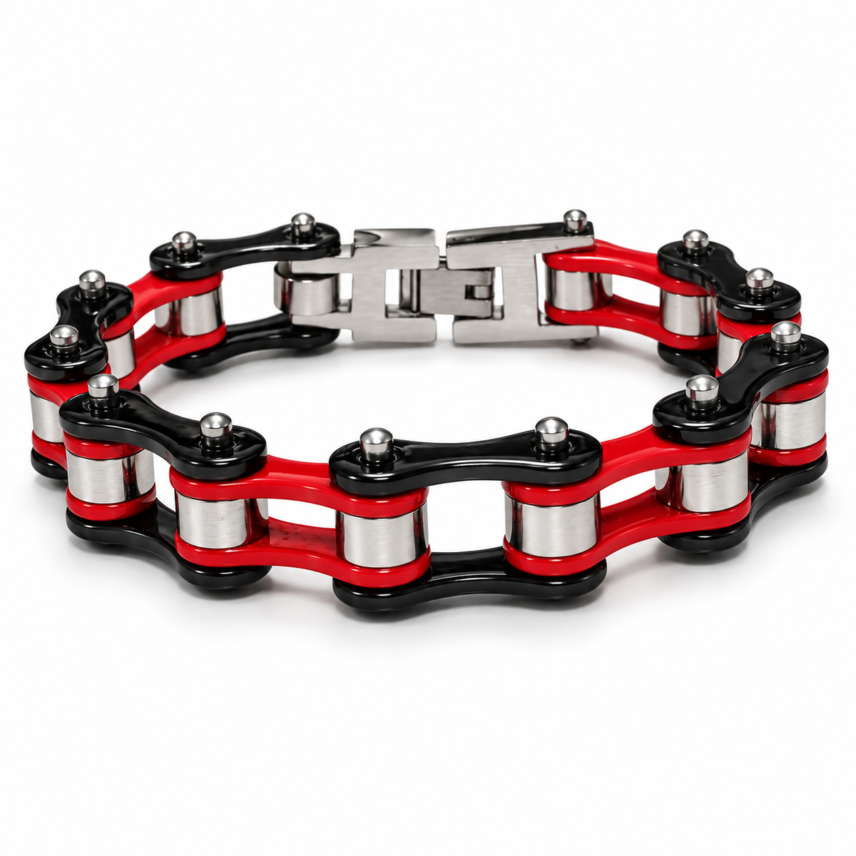 Red & Black Silver Roller Bike Chain Bracelet – 10mm — enhanced studio product view