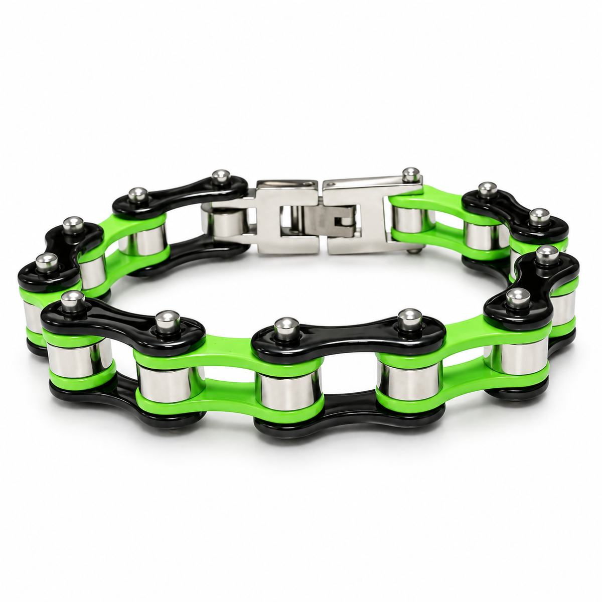 Green & Black Silver Roller Bike Chain Bracelet – 10mm — enhanced studio product view