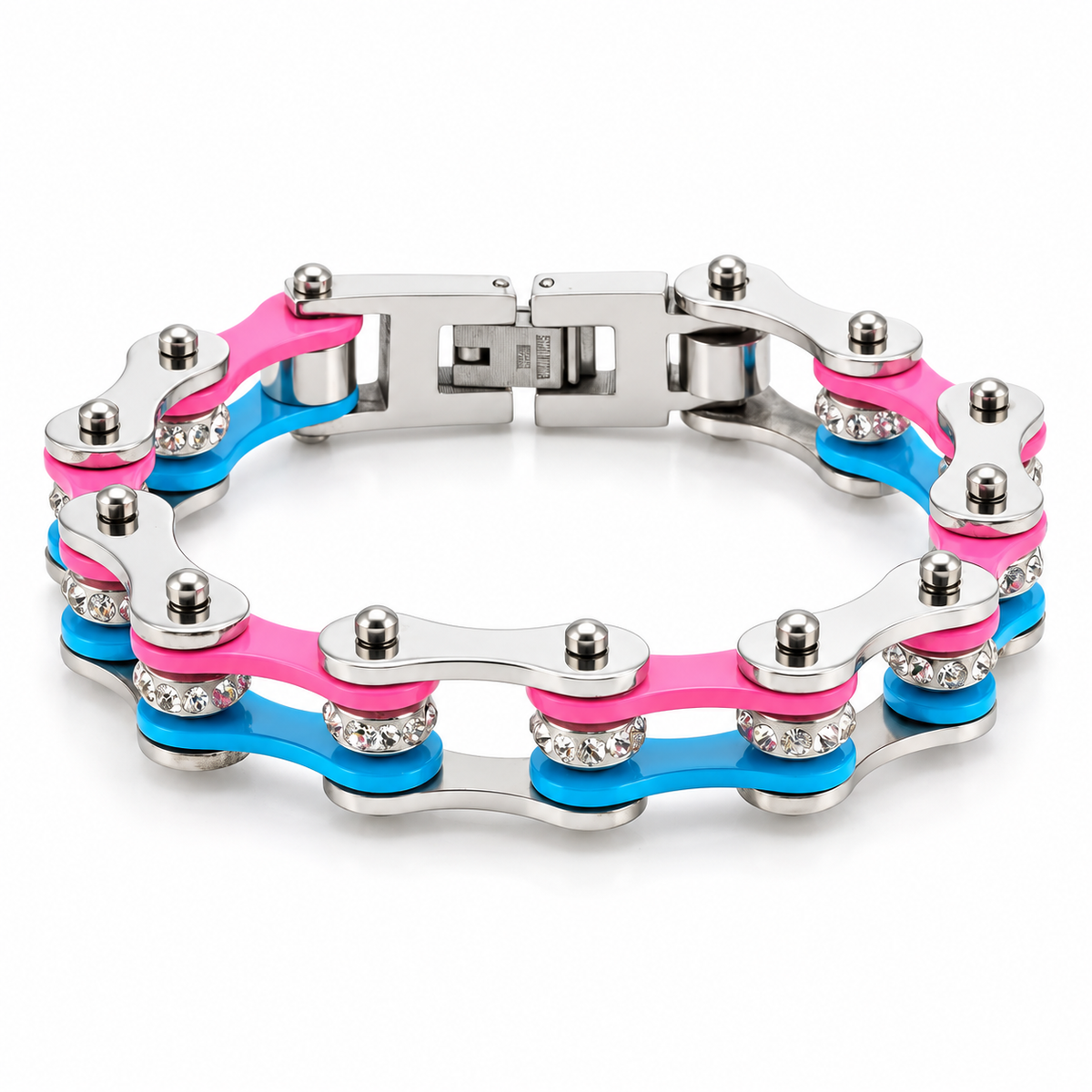 Pink & Blue on Silver Crystal Bike Chain Bracelet – 10mm — enhanced studio product view