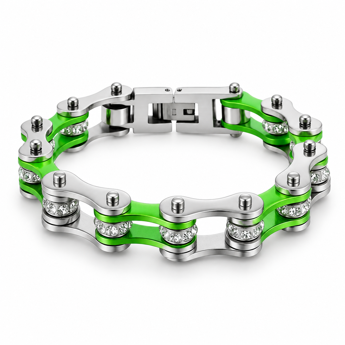 Green & Silver Crystal Bike Chain Bracelet – 10mm — enhanced studio product view