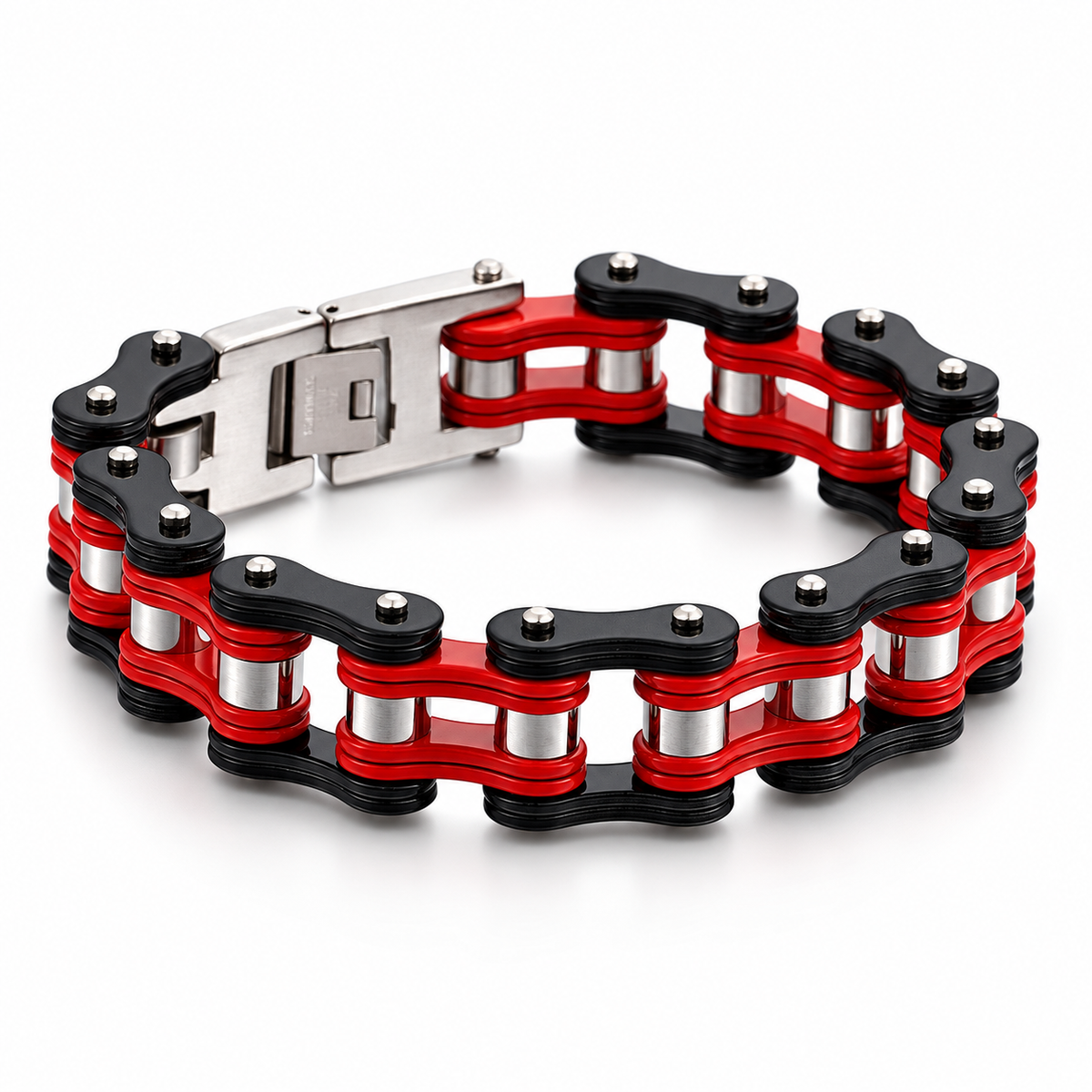Red, Black & Silver Bike Chain Bracelet – 16mm — product view