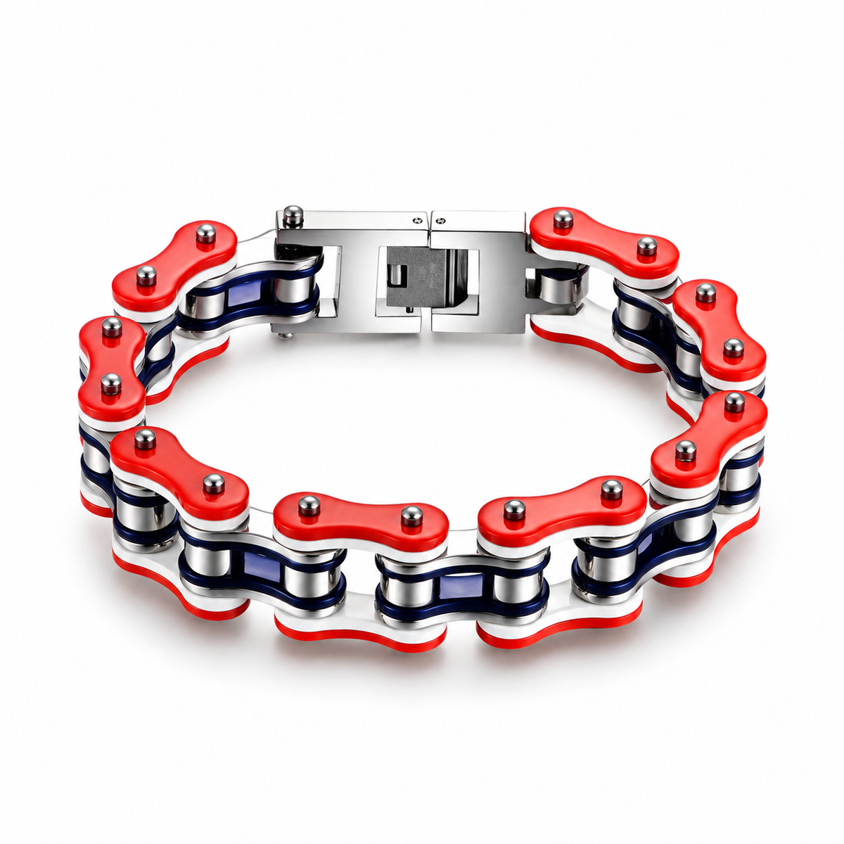 Revolve Red, Silver & Blue Bike Chain Bracelet – 16mm — product view