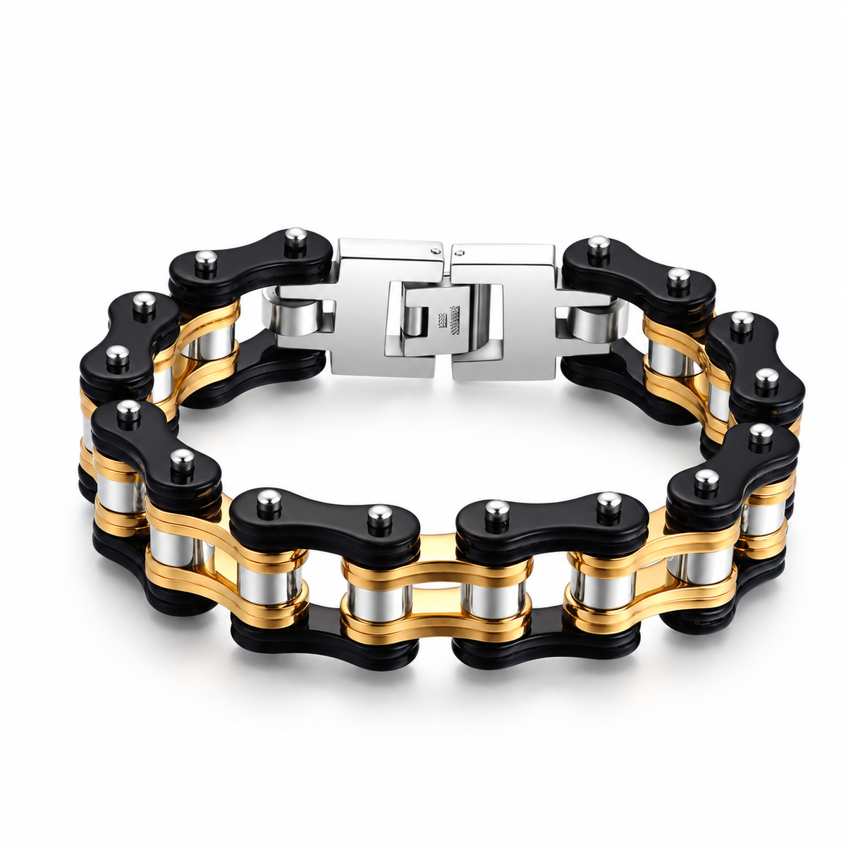 Gold Digger Black, Gold & Silver Bike Chain Bracelet – 16mm — product view