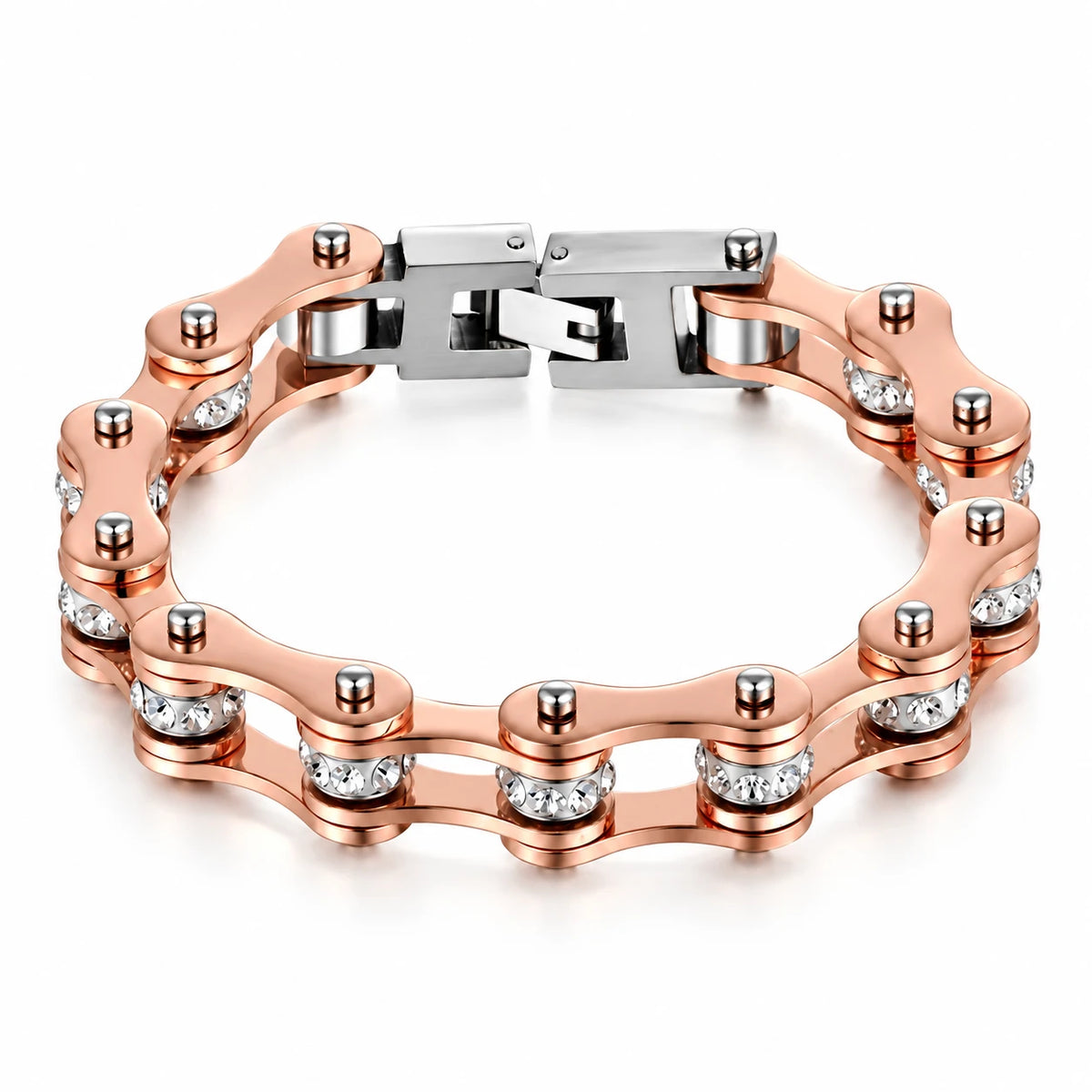 Rose Gold Crystal Bike Chain Bracelet – 10mm, complete bracelet on a clean white background