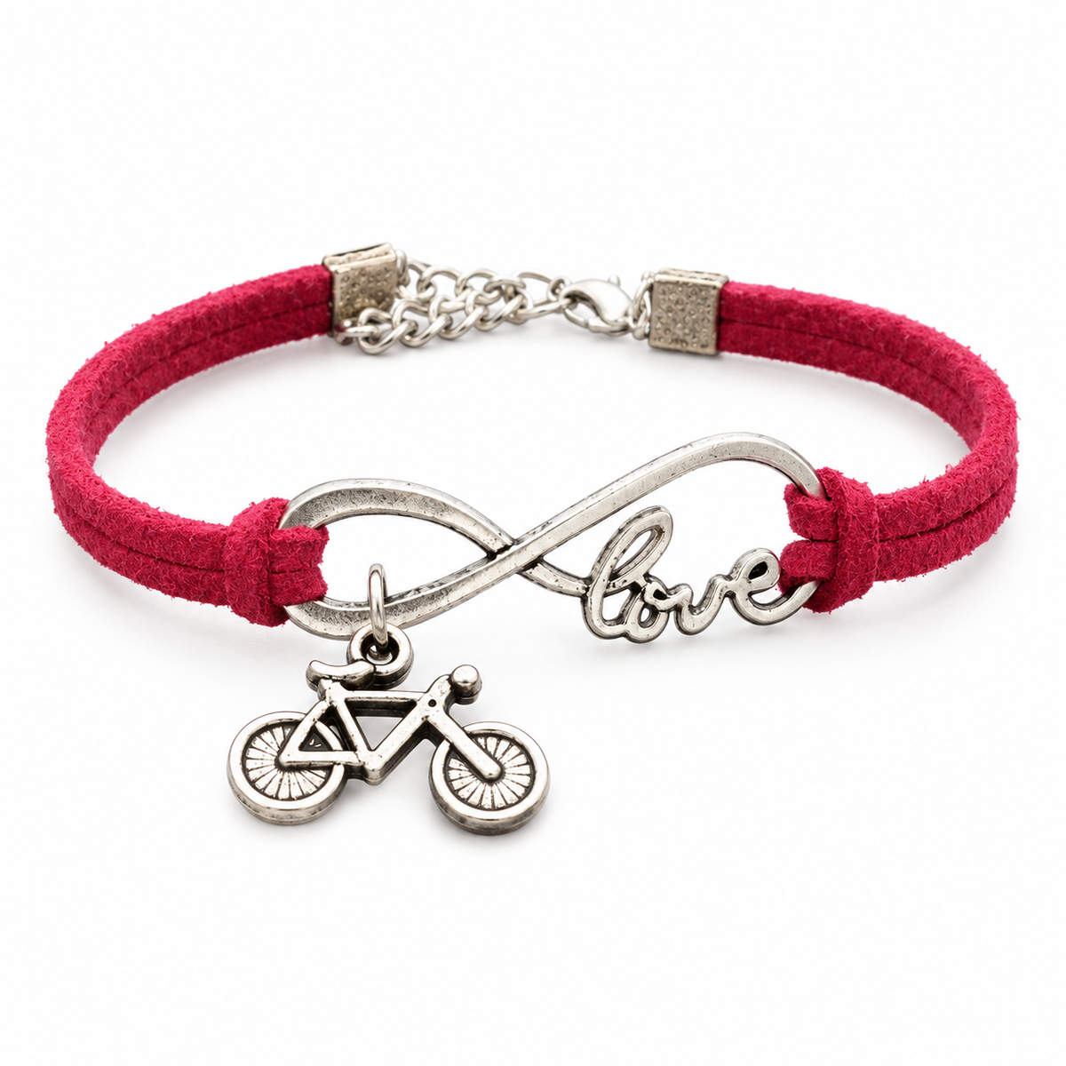 Handmade Bicycle Love Bracelet in Rose on a white background
