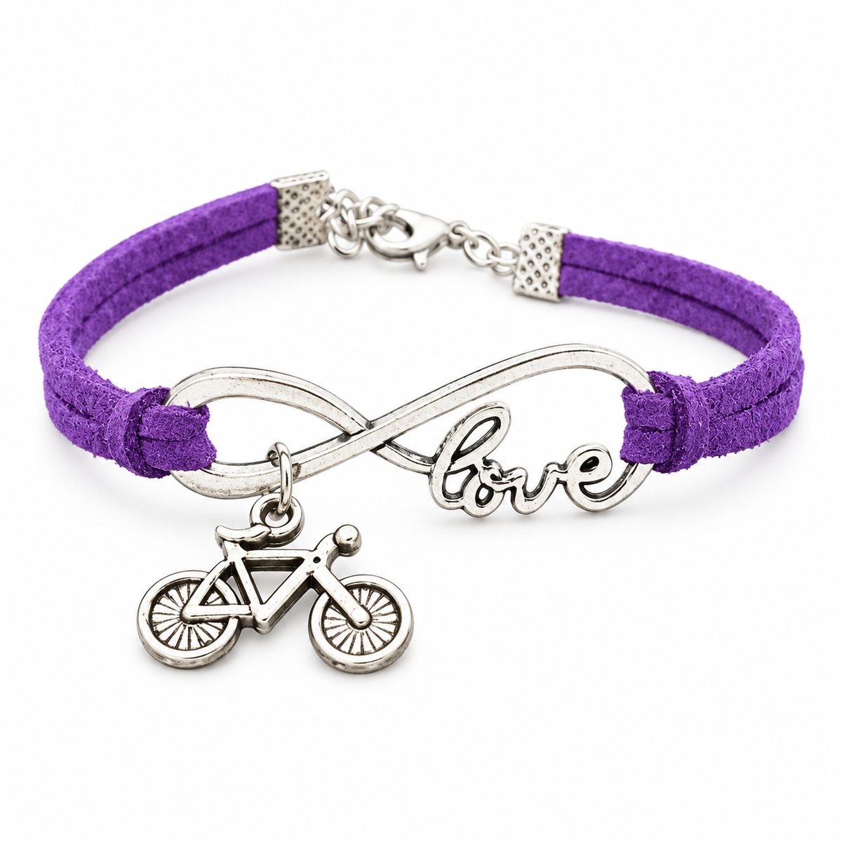 Handmade Bicycle Love Bracelet in Purple on a white background
