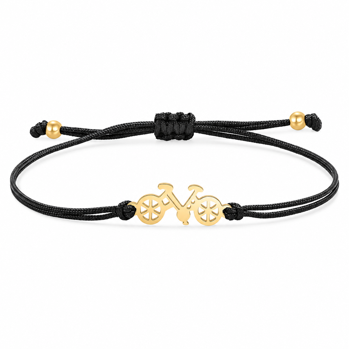 Bicycle Silhouette Rope Bracelet – Adjustable — black cord and gold bicycle silhouette, on a white background