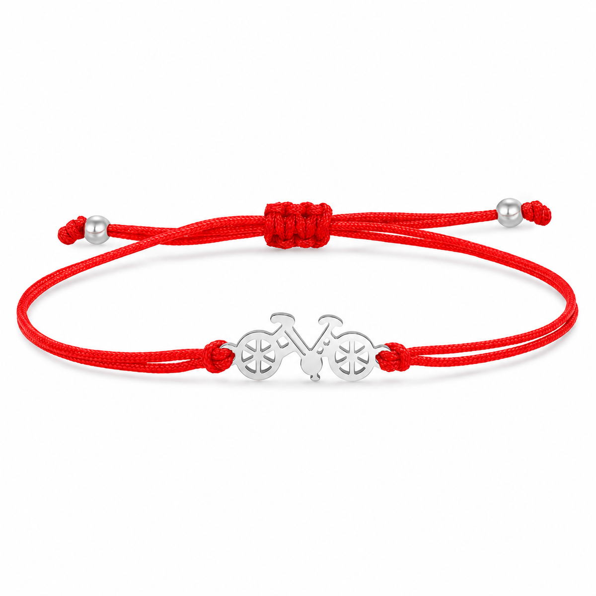 Bicycle Silhouette Rope Bracelet – Adjustable — red cord and silver bicycle silhouette, on a white background