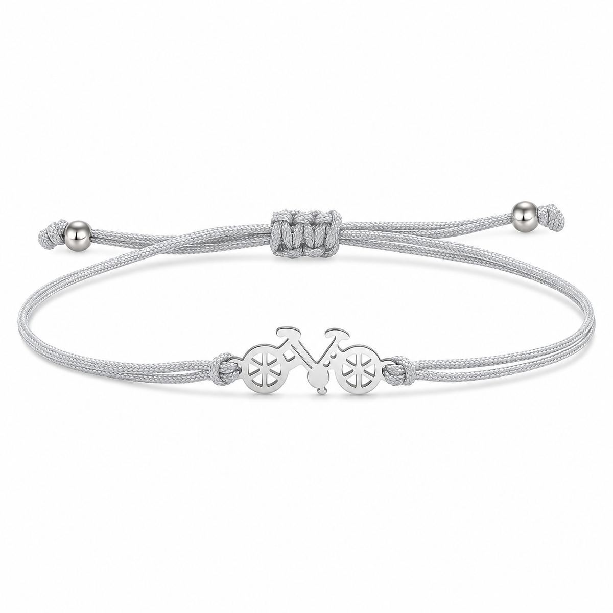Bicycle Silhouette Rope Bracelet – Adjustable — grey cord and silver bicycle silhouette, on a white background