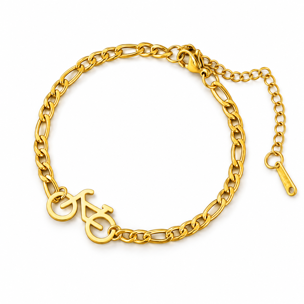 Figaro Chain Bicycle Pendant Bracelet — gold finish arranged in a circle, on a white background