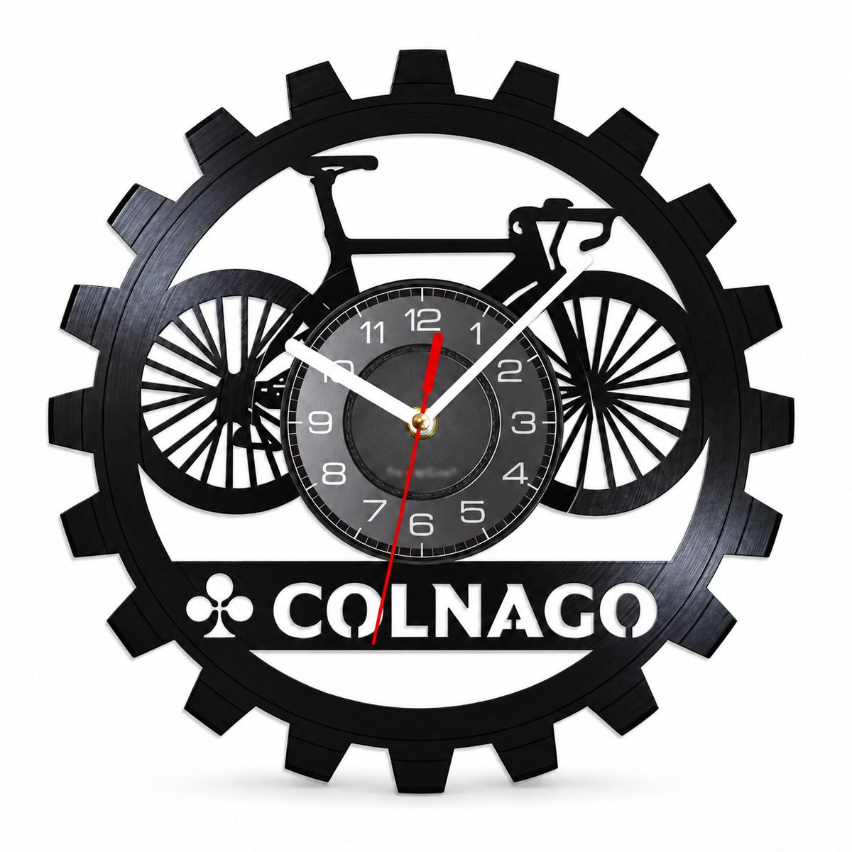 Colnago bicycle vinyl record wall clock, maximum diameter 12 inches, on a white background.