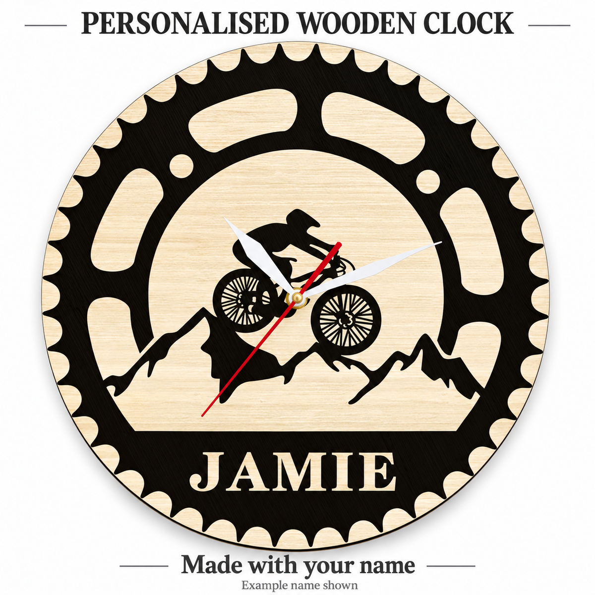 Cycolinks personalised wooden downhill rider and mountains within round sprocket-pattern wooden disc wall clock with example name JAMIE; made with your chosen name.