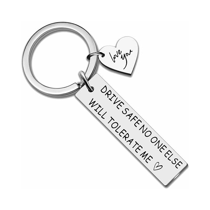 Silver stainless steel Drive Safe keyring with rectangular message tag and Love You heart