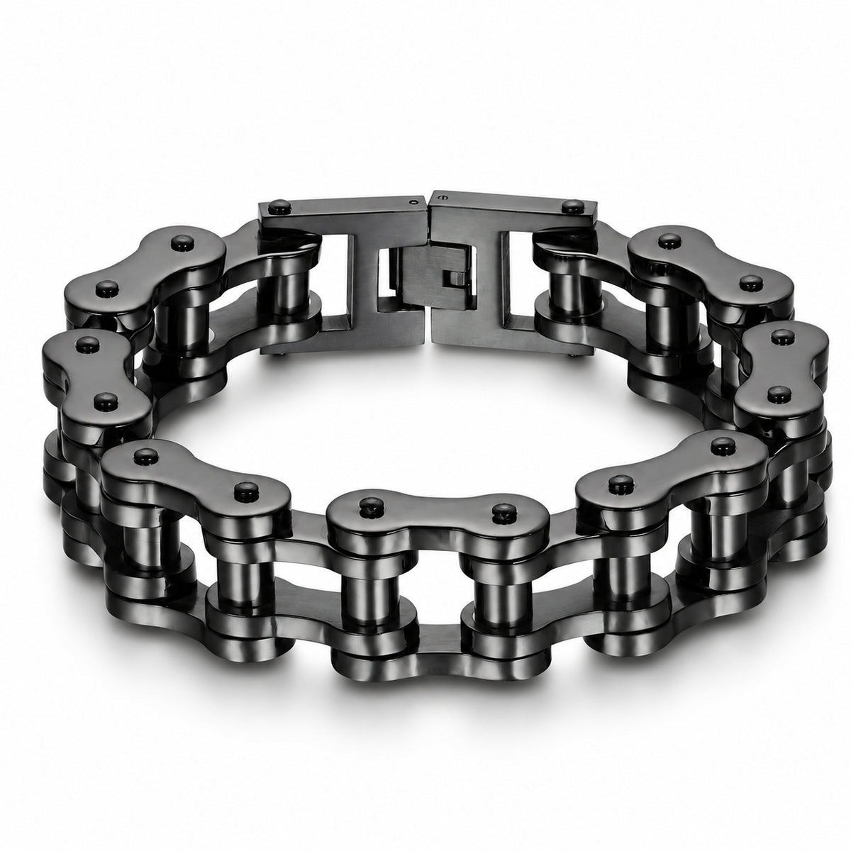 Heavy-Duty 22mm bike chain bracelet in black showing its roller links and box clasp on a white background