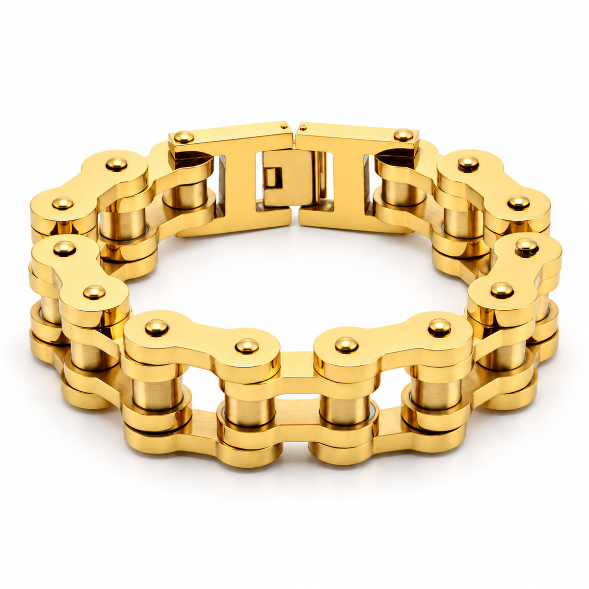 Heavy-Duty 22mm bike chain bracelet in gold showing its roller links and box clasp on a white background