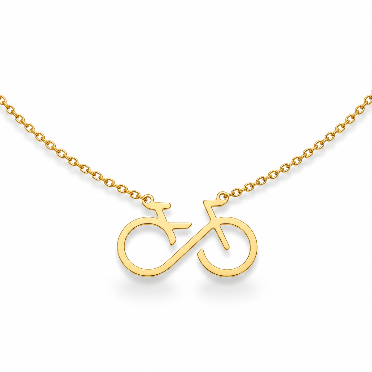 Minimal gold bicycle pendant necklace with open bike silhouette and fine oval-link chain on a white background