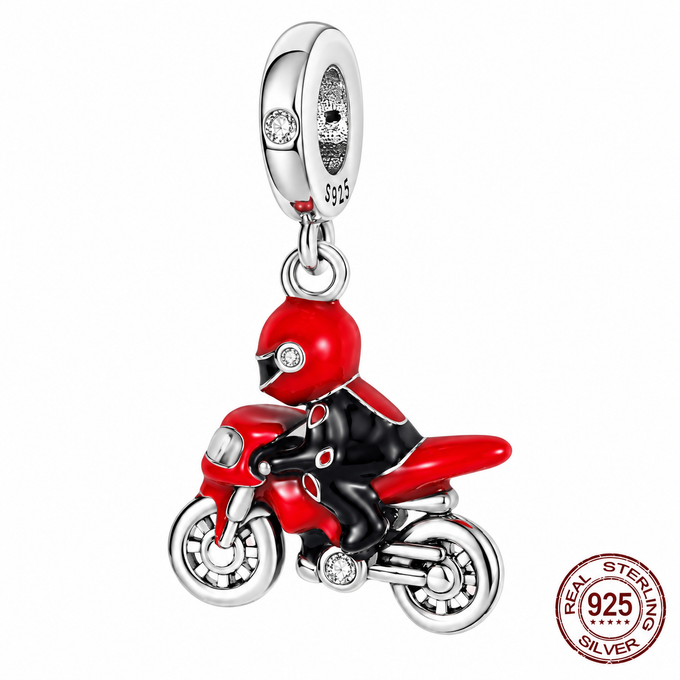 Cycolinks 925 sterling silver motorcycle racer charm with red helmet and bike on a white background